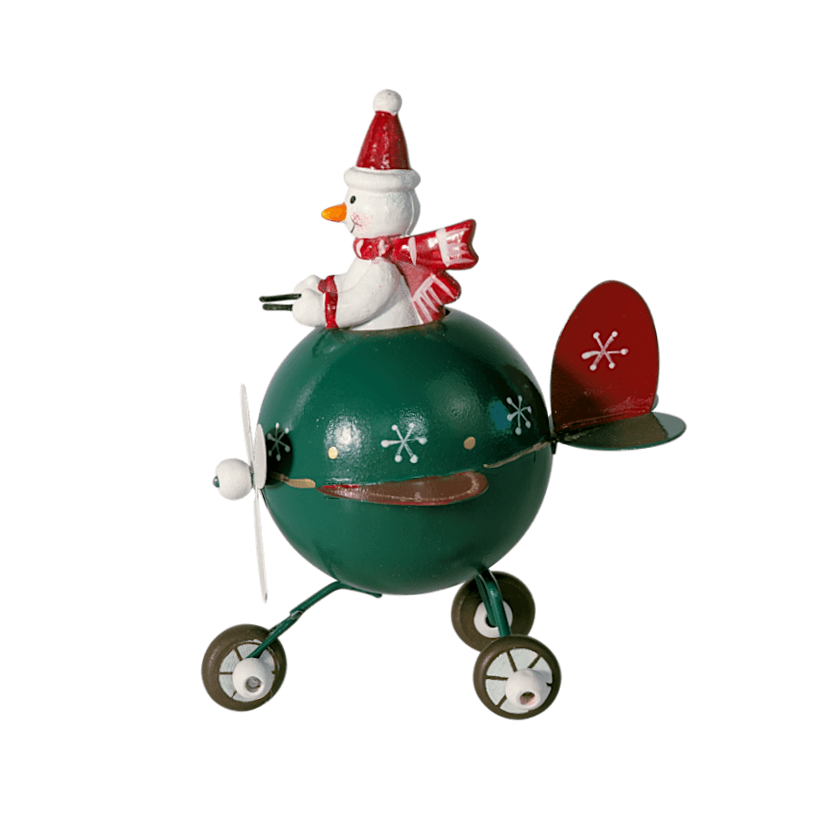 Figurine Avion de Noël vert - Bonhomme de neige | Deco-Delight.com