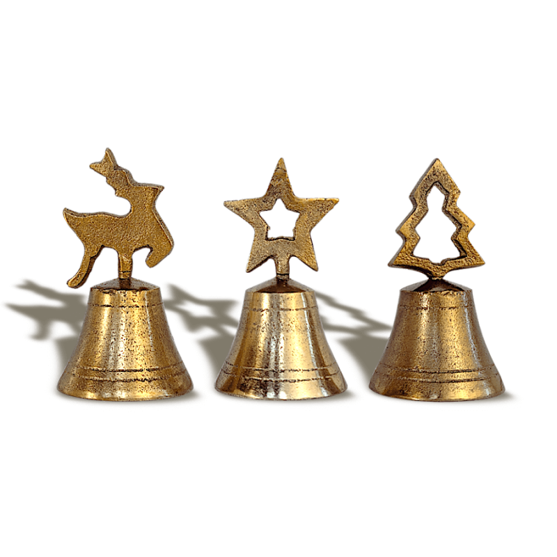 Set de 3 Clochettes en métal doré patiné H10,5 cm | Deco-Delight.com