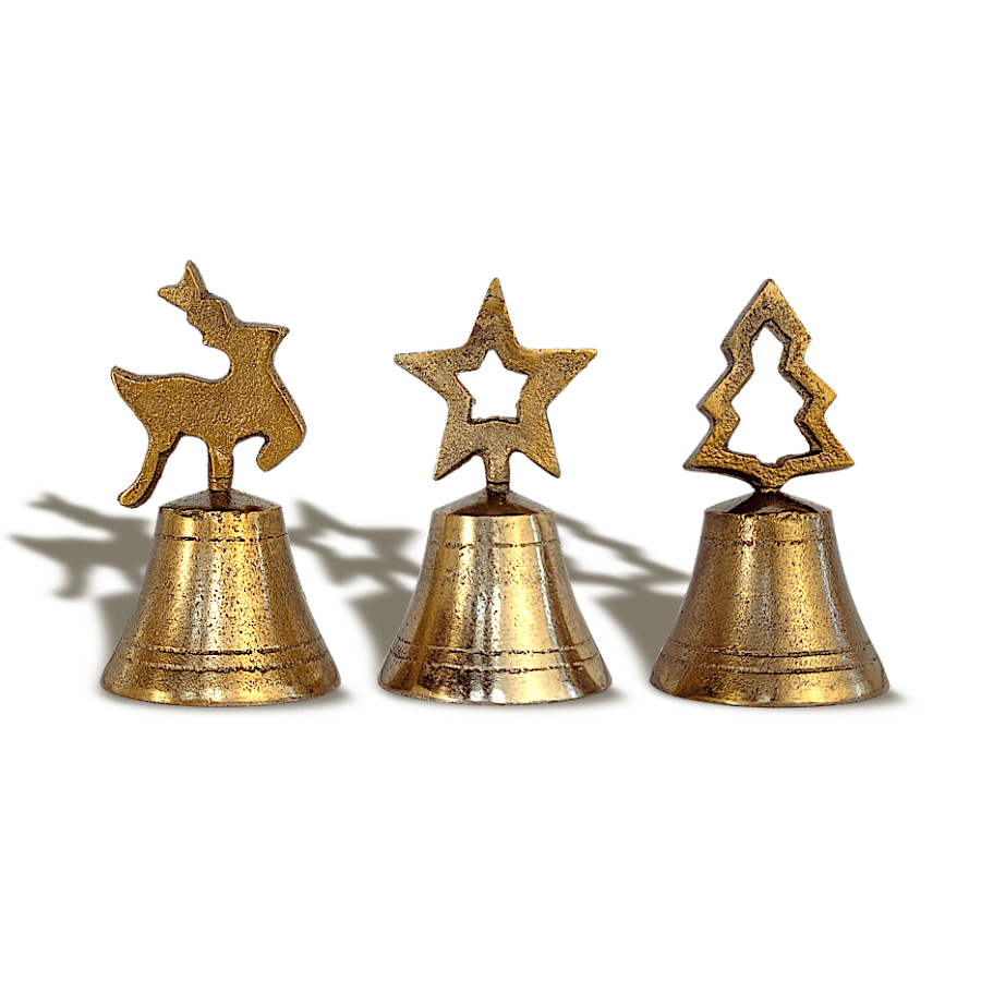 Set de 3 Clochettes en métal doré patiné H10,5 cm | Deco-Delight.com