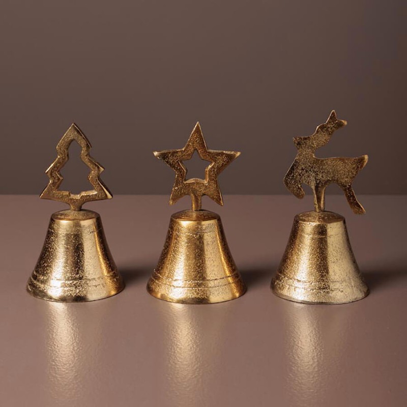 Set de 3 Clochettes en métal doré patiné H10,5 cm | Deco-Delight.com