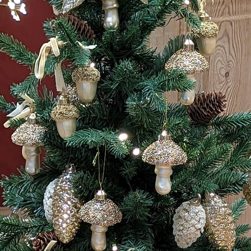 Suspension Champignon de Noël Verre doré H9,5 cm | Deco-Delight.com