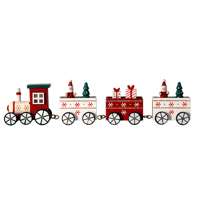 Train de Noël en bois, locomotive et trois wagons chargés de cadeaux et sapins.
