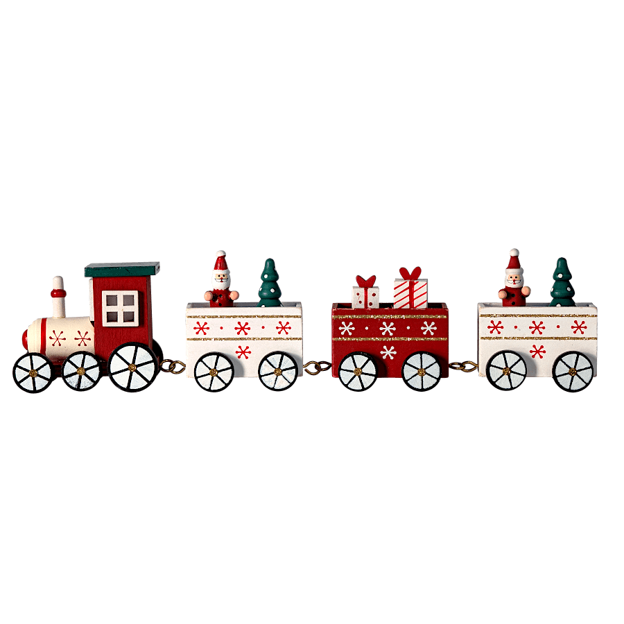 Train de Noël en bois, locomotive et trois wagons chargés de cadeaux et sapins.