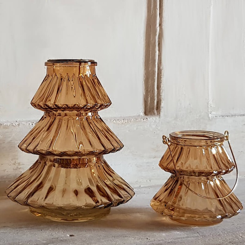 Photophore Sapin en verre topaze anse dorée H10 cm | Deco-Delight.com