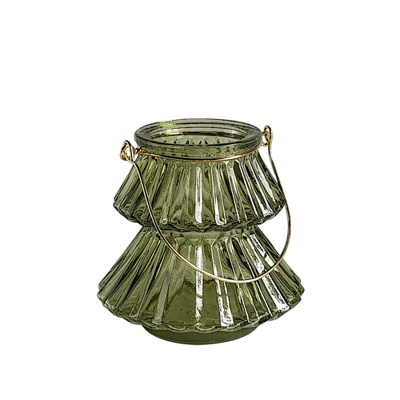 Photophore Sapin en verre vert anse dorée H10 cm | Deco-Delight.com