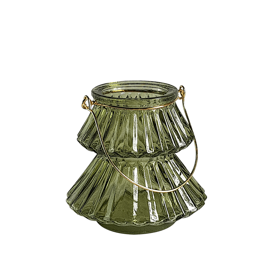 Photophore Sapin en verre vert anse dorée H10 cm | Deco-Delight.com