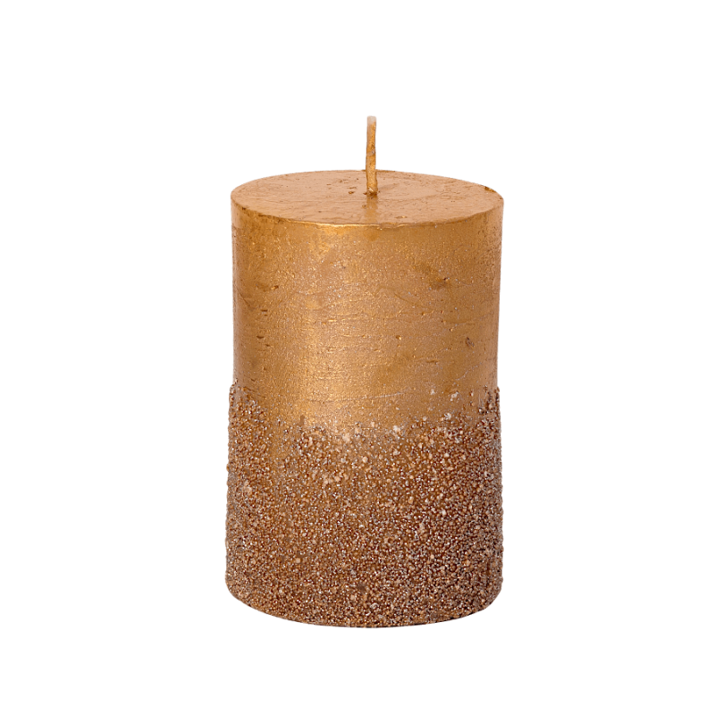 Bougie pilier dorée bicolore avec base sablée pailletée argentée.