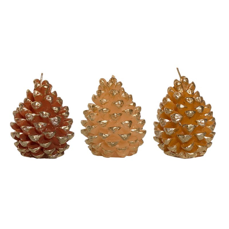 Set de 3 bougies pommes de pin aux reflets dorés pour les fêtes, hauteur 9 cm.