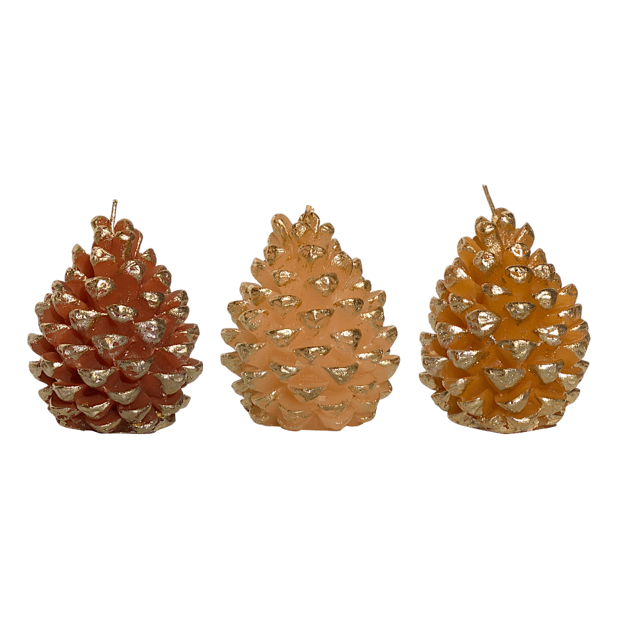 Set de 3 bougies pommes de pin aux reflets dorés pour les fêtes, hauteur 9 cm.