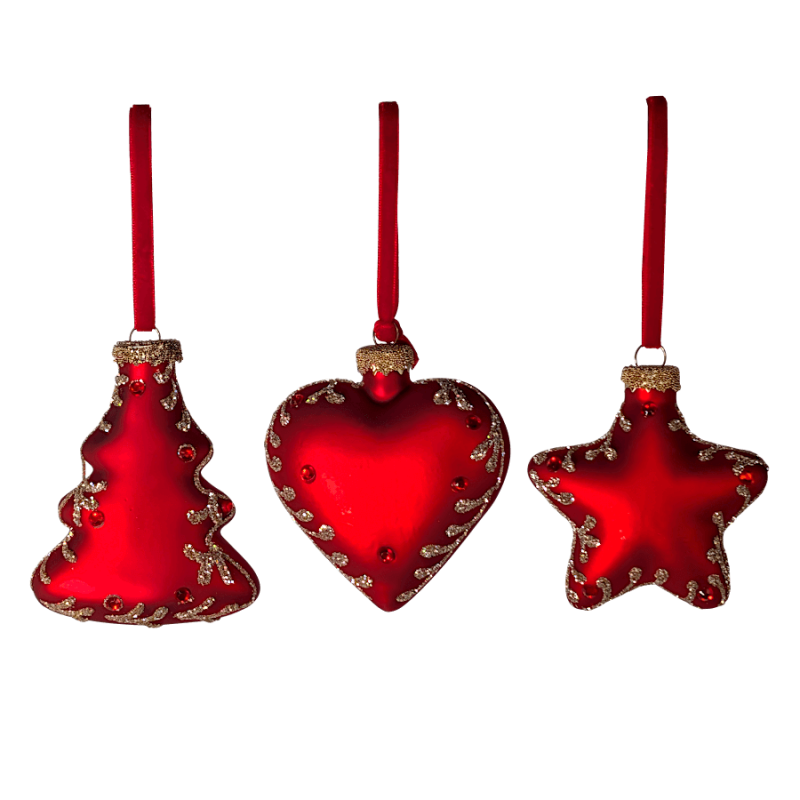 Set de 3 suspensions de Noël Étoile Cœur Sapin | Deco-Delight.com
