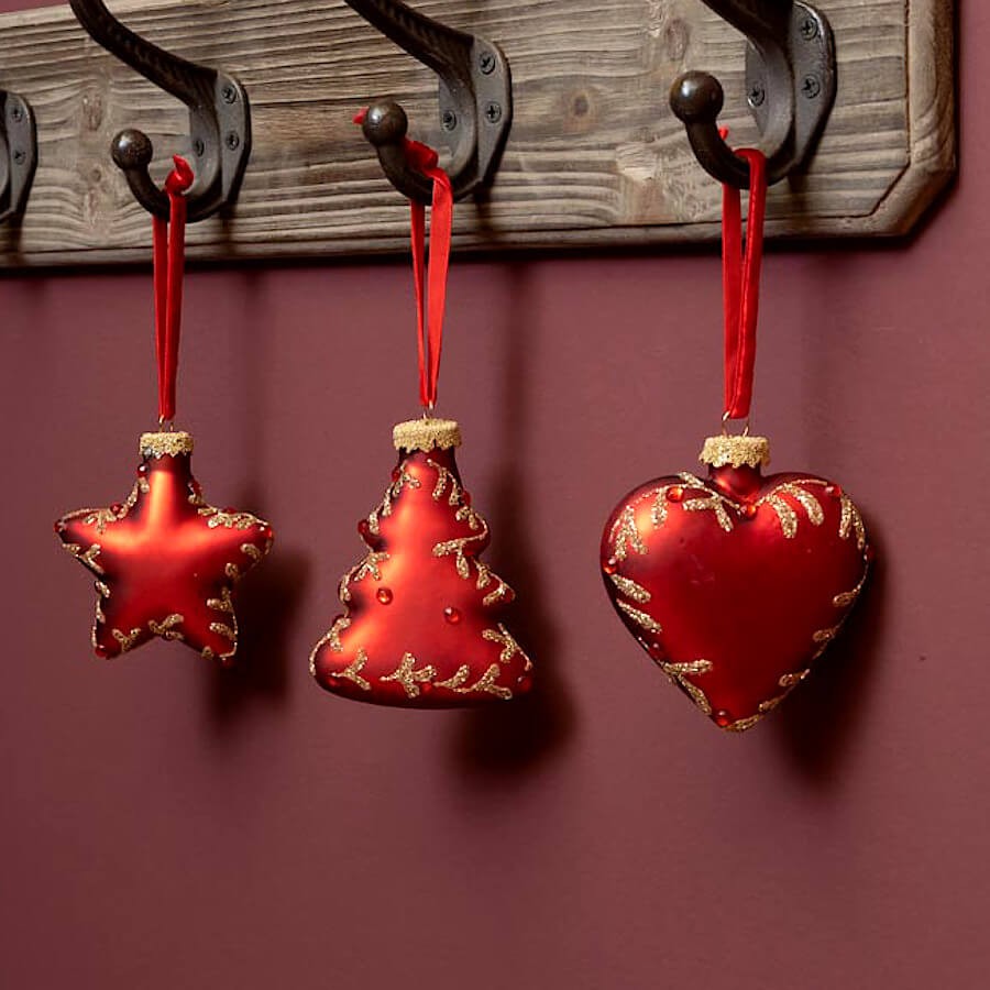 Set de 3 suspensions de Noël Étoile Cœur Sapin | Deco-Delight.com