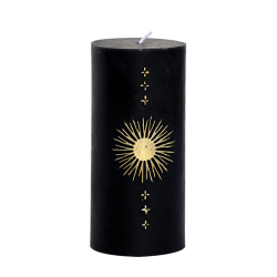Bougie pilier noire mat avec motif soleil doré, décoration de Noël.