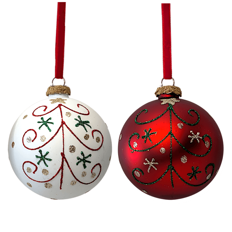 Set de 2 Boules de Noël rondes Rouge & Blanc D10 cm | Deco-Delight.com