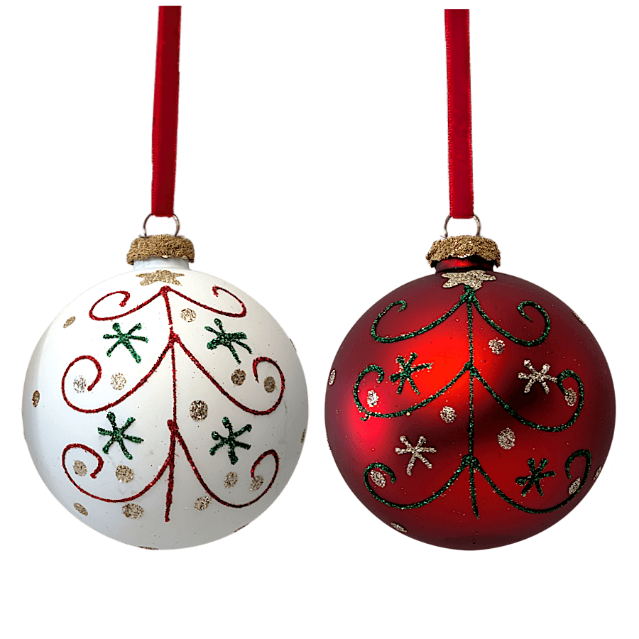 Set de 2 Boules de Noël rondes Rouge & Blanc D10 cm | Deco-Delight.com