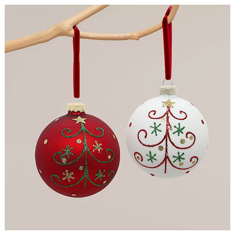 Set de 2 Boules de Noël rondes Rouge & Blanc D10 cm | Deco-Delight.com