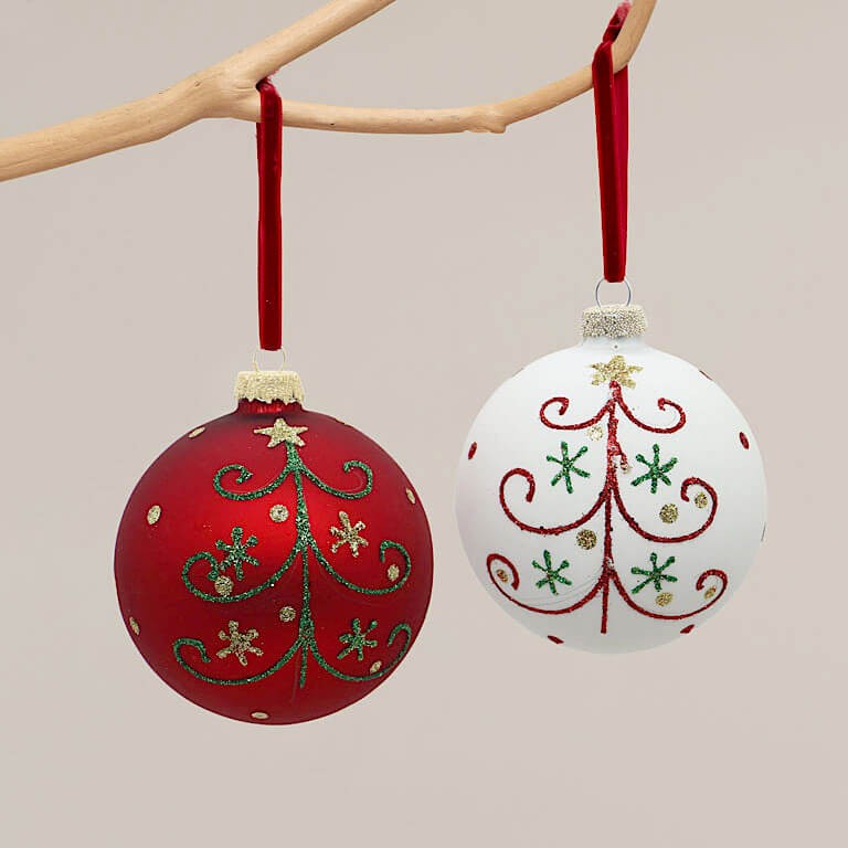 Set de 2 Boules de Noël rondes Rouge & Blanc D10 cm | Deco-Delight.com