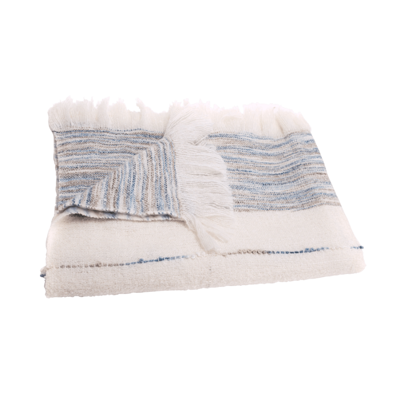 Plaid Tissé Rayé 130x170 cm Écru Bleu & Beige | Deco-Delight.com