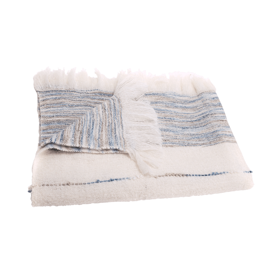 Plaid Tissé Rayé 130x170 cm Écru Bleu & Beige | Deco-Delight.com