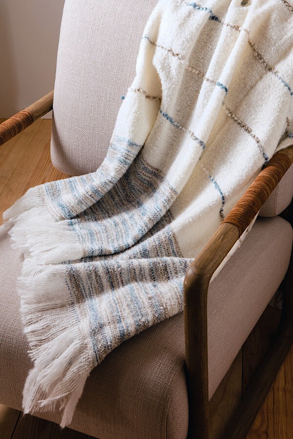 Plaid Tissé Rayé 130x170 cm Écru Bleu & Beige | Deco-Delight.com