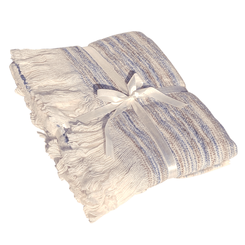 Plaid Tissé Rayé 130x170 cm Écru Bleu & Beige | Deco-Delight.com