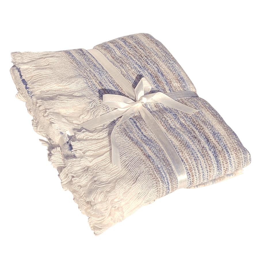 Plaid Tissé Rayé 130x170 cm Écru Bleu & Beige | Deco-Delight.com