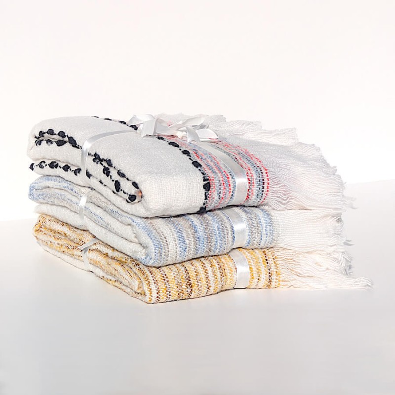 Plaid Tissé Rayé 130x170 cm Écru Bleu & Beige | Deco-Delight.com