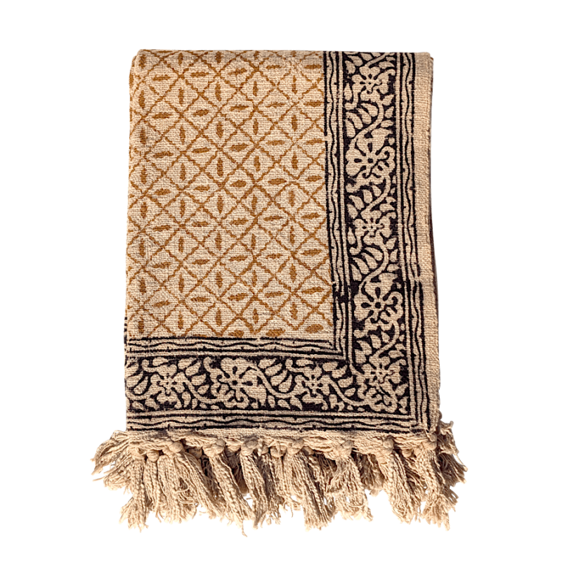 Plaid ethnique sable & liseré noir 130×160 cm | Deco-Delight.com