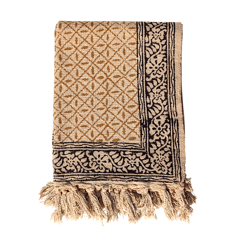 Plaid ethnique sable & liseré noir 130×160 cm | Deco-Delight.com