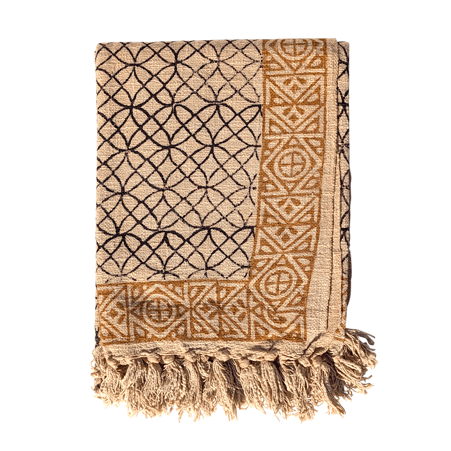 Plaid ethnique noir & liseré moutarde 130×160 cm | Deco-Delight.com