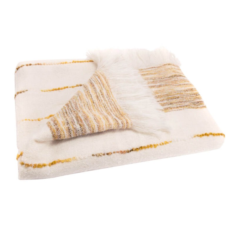 Plaid Tissé franges 130x170 cm Crème et Moutarde | Deco-Delight.com