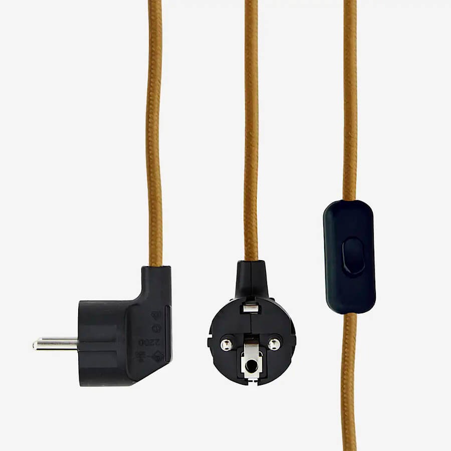 Prise 2 broches + terre, interrupteur et câble textile de 3 mètres de l'applique murale.