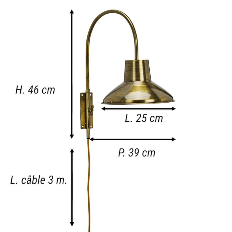 Applique murale laiton, dimensions : H 46 cm, L 25 cm, P 39 cm, câble 3 m.