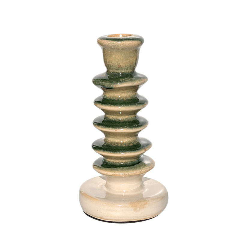 Bougeoir en céramique disques verts et base crème fond blanc