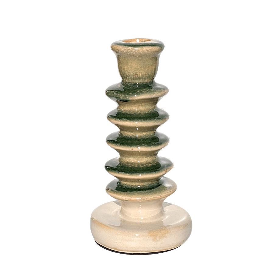 Bougeoir en céramique disques verts et base crème fond blanc