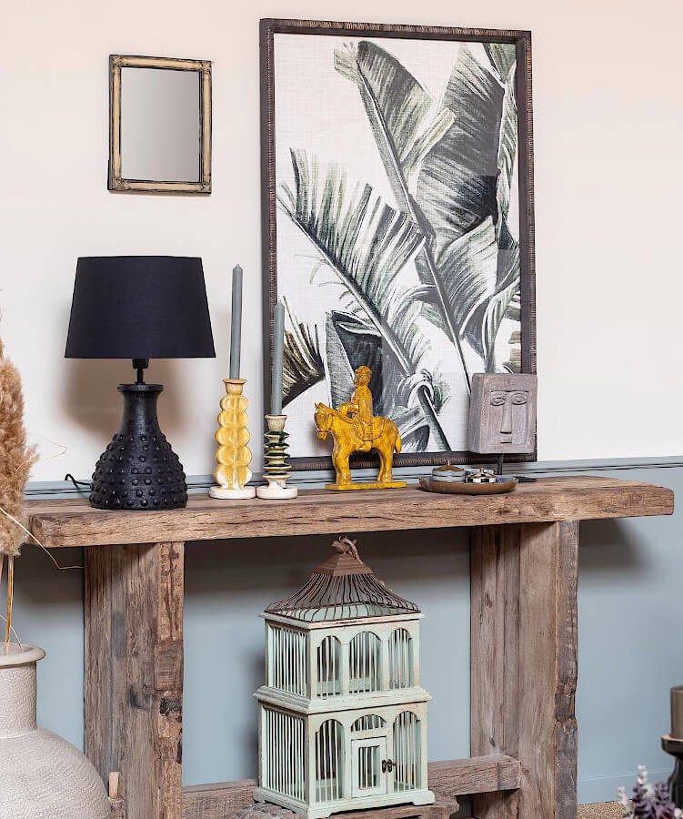 Bougeoir céramique sur console bois ambiance déco salon