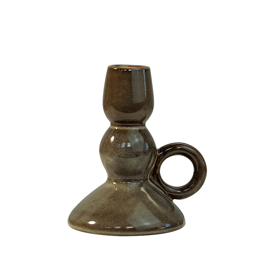 Bougeoir de chevet en céramique avec anse, finition réactive kaki et brun