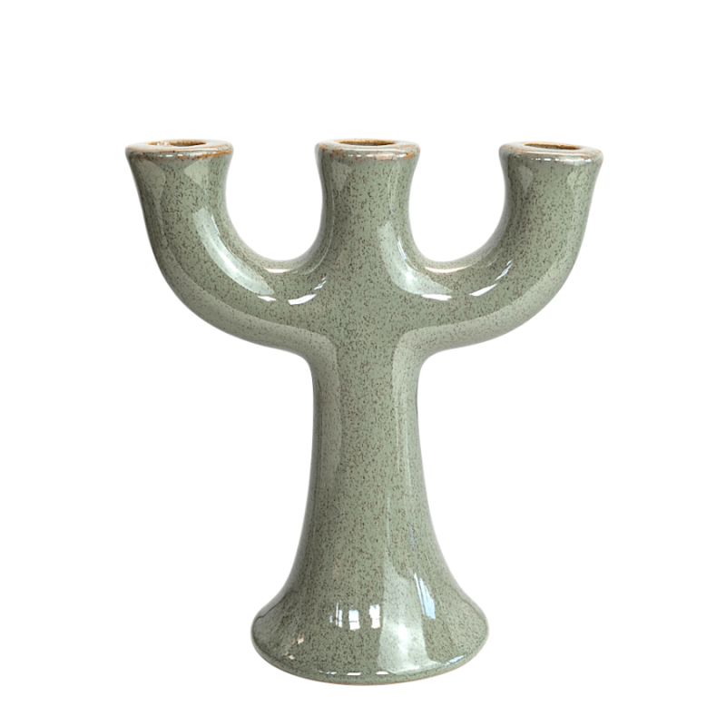 Chandelier en céramique vert sauge à trois branches, style organique.