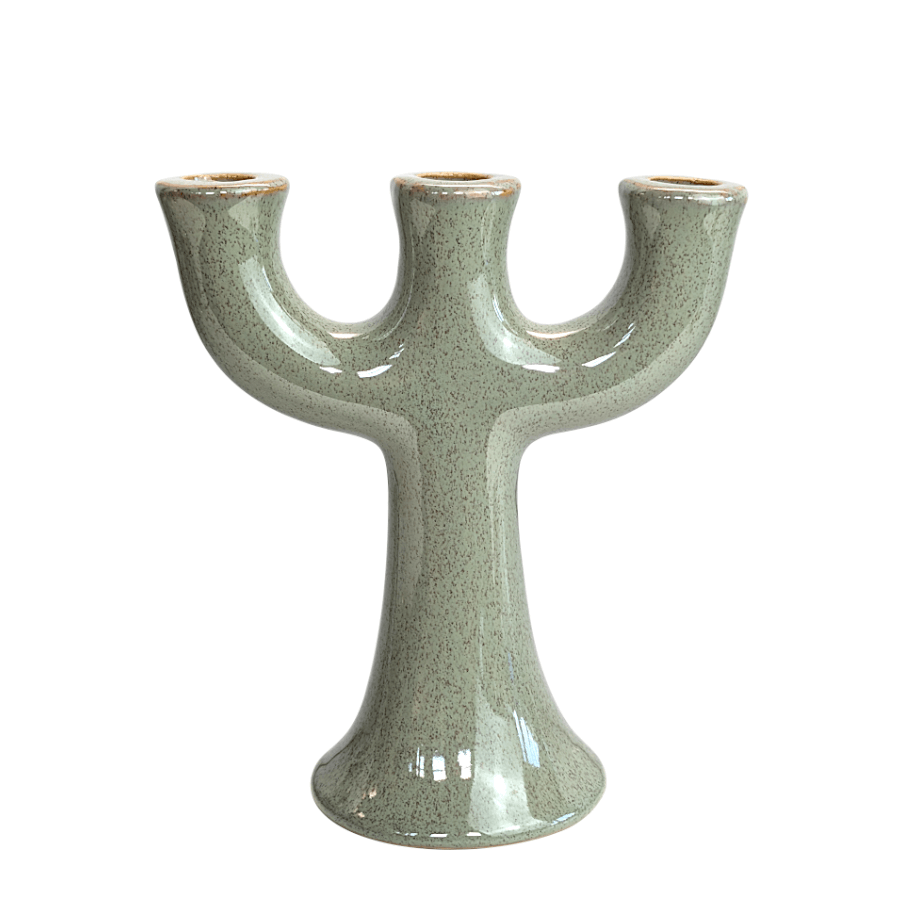 Chandelier en céramique vert sauge à trois branches, style organique.