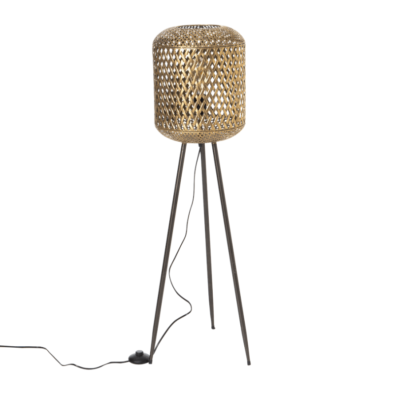 Lampadaire sur trépied hauteur 100 cm en métal tressé laiton antique et pieds noirs mat.