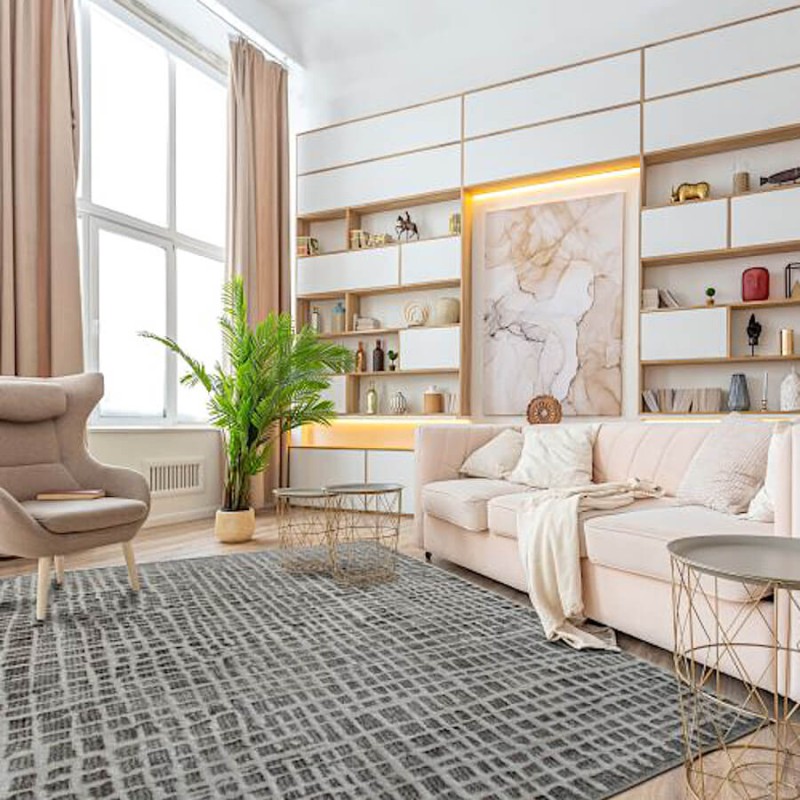 Grand tapis 160x230 cm structurant un espace de vie lumineux.
