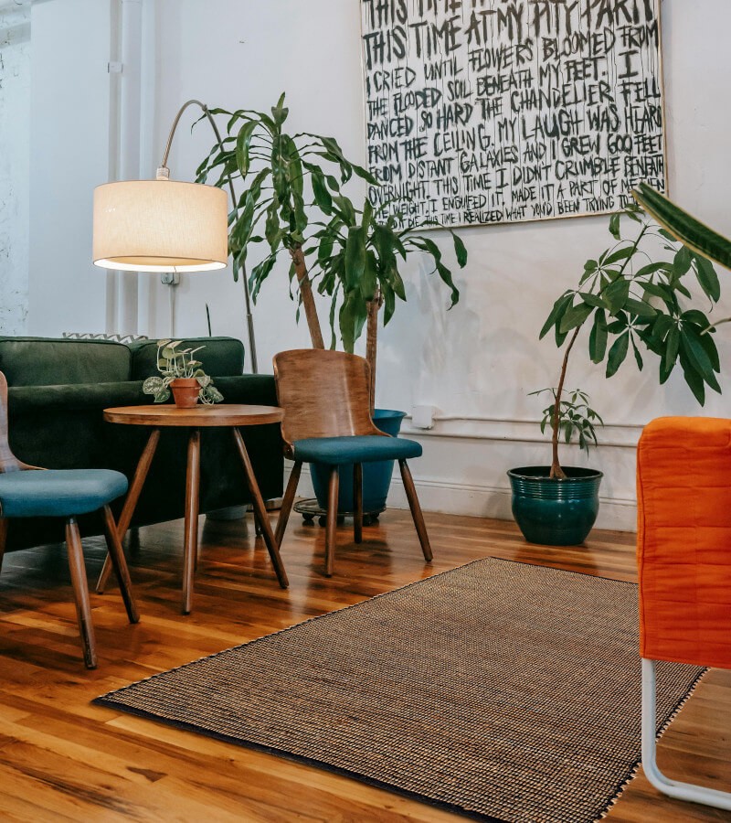 Tapis en jute et coton noir disposé dans un salon contemporain avec plantes.