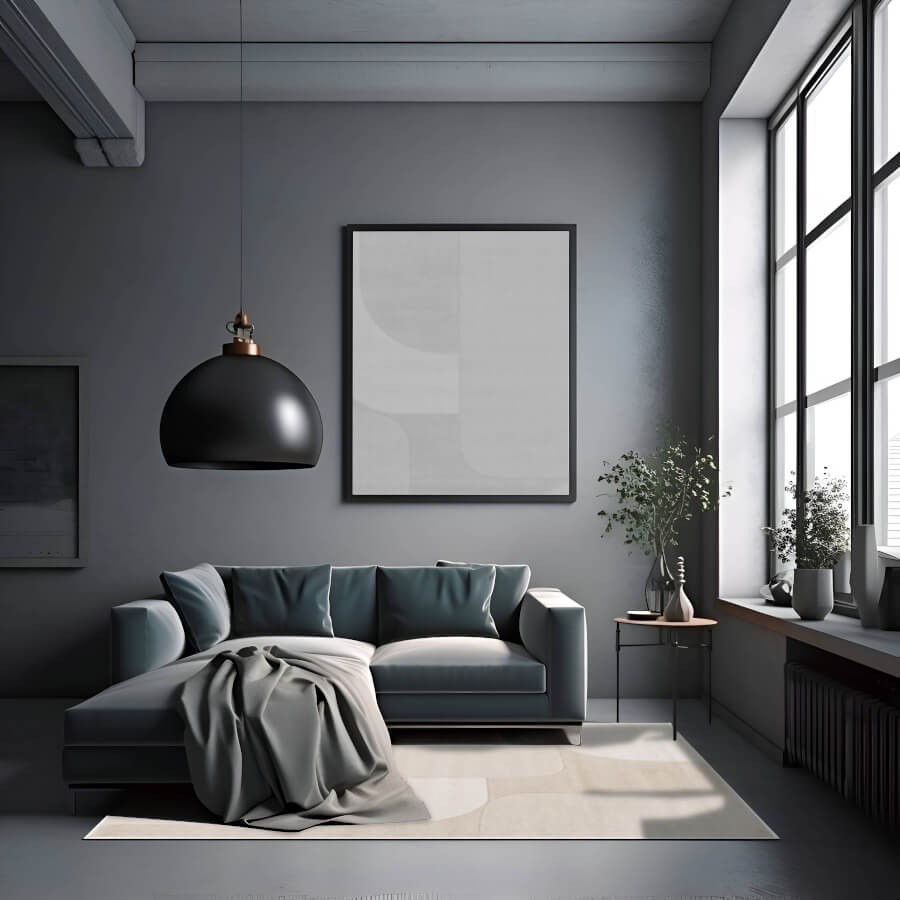 Tapis beige clair créant un contraste chic dans un salon moderne gris.