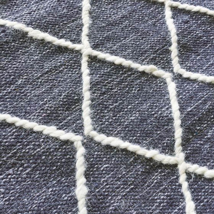 Détail des losanges en laine épaisse tissés sur la base en coton anthracite.