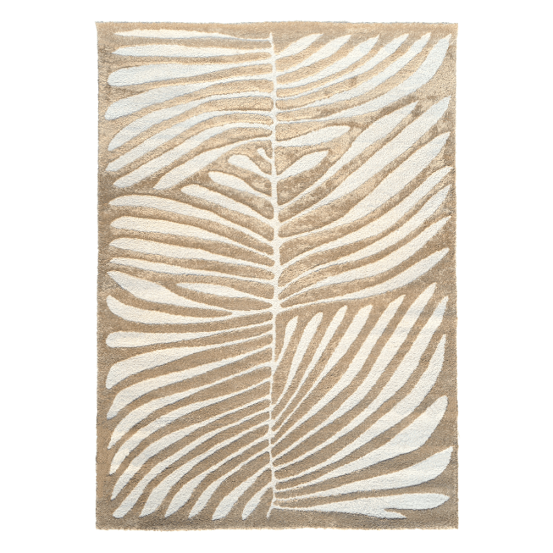 Tapis beige 160x230 cm moelleux avec motif feuillage cocotier ou palmier en relief.