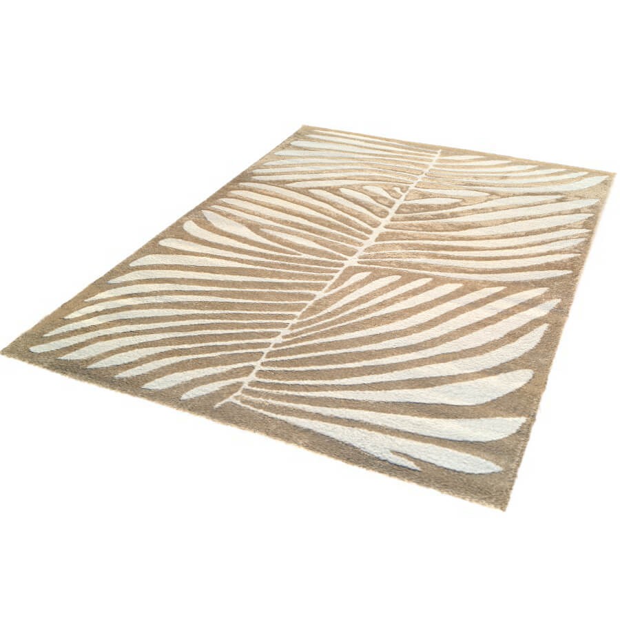 Design rectangulaire 160x230 cm aux motifs végétaux contemporains, sous forme de feuilles de palmier stylisées.