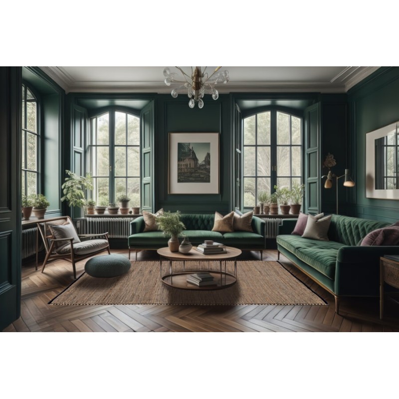 Tapis 160x230 cm au centre d'un salon élégant aux murs vert forêt.