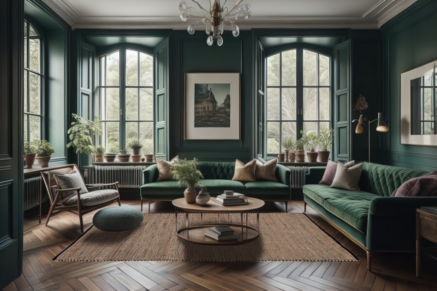 Tapis 160x230 cm au centre d'un salon élégant aux murs vert forêt.