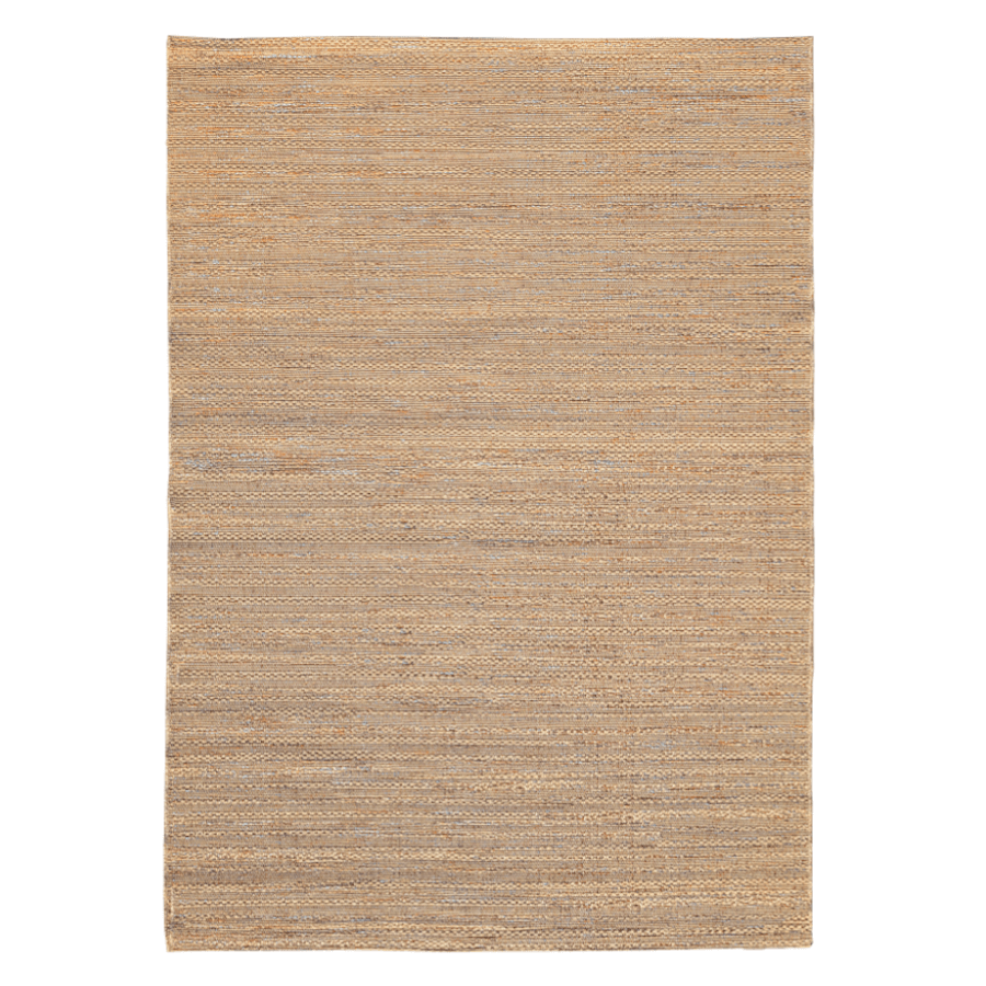 Tapis 160x230 cm effet sisal aux nuances terracotta, bleu et beige.