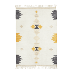 Tapis beige en coton, taille 120x180 cm, aux motifs géométriques jaune et noir.