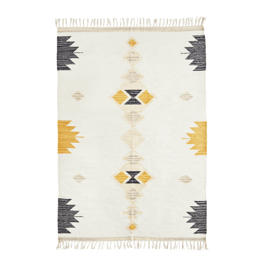 Tapis beige en coton, taille 120x180 cm, aux motifs géométriques jaune et noir.